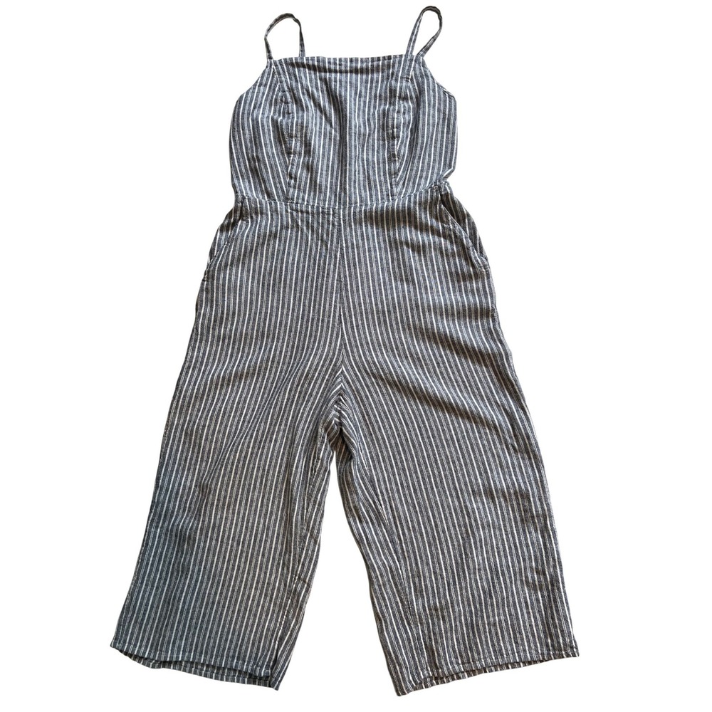 Old Navy Women L Jumpsuit Navy White Striped Linen Blend Wide Leg Coastal Beachy